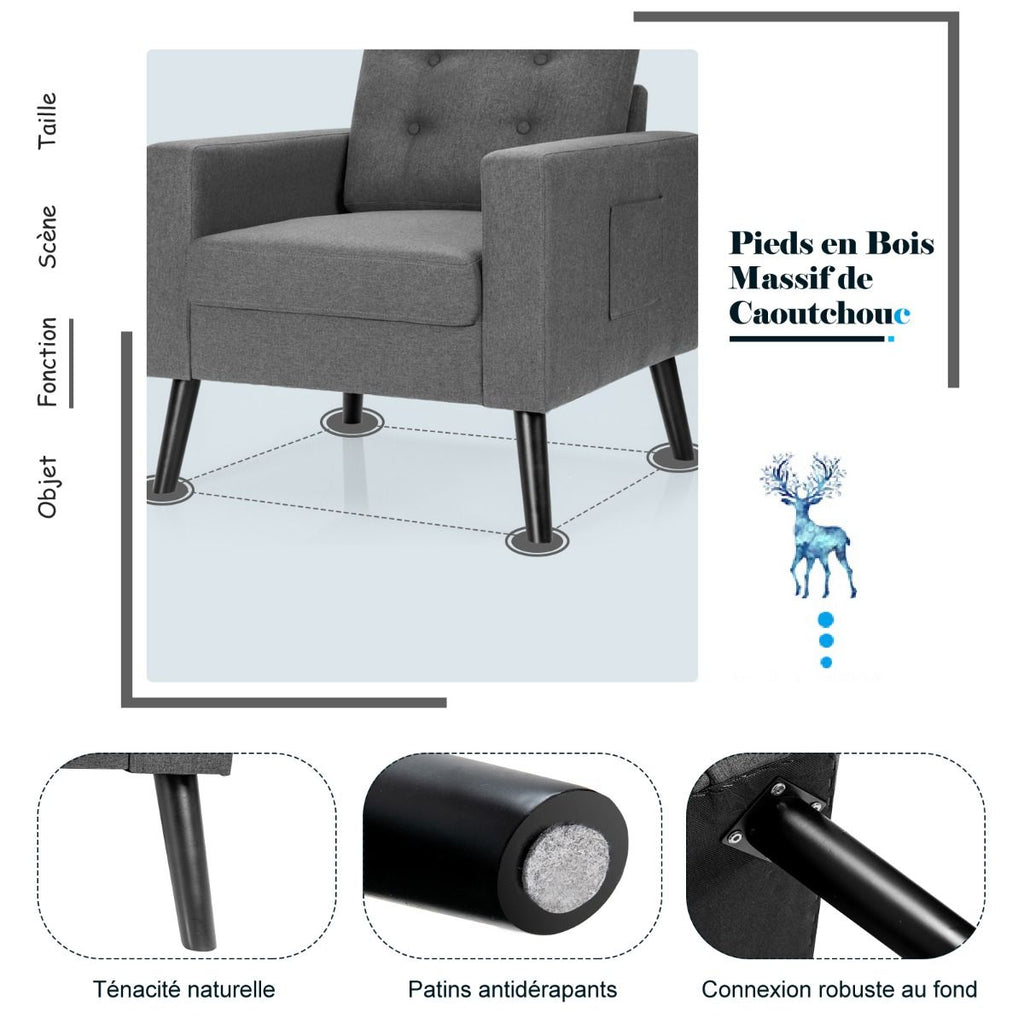 Fauteuil De Salon 1 Personne Avec Profondeur D'Assise 53Cm Canapé 1 Place Avec Pieds Bois D’Hévéa Pour Chambre Salon Bureau 81*67*86Cm Bleu/Beige/Gris