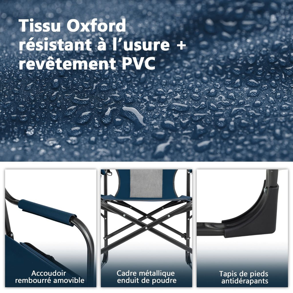 Chaise De Camping Pliante Avec Table Latérale Et Sac Isotherme Charge 180KG Sac De Rangement Sangle Portable Noir/Bleu