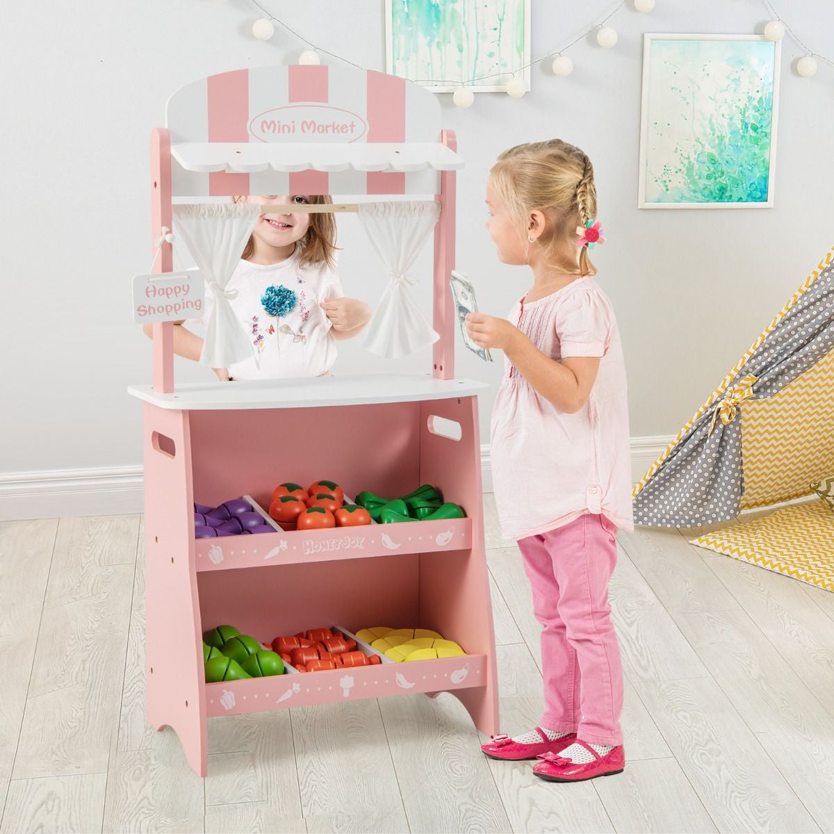 Marchande En Bois Enfant 45 X 24 X 86 CM 36 Légumes Panneau Publicitaire Rideaux Et Fruits Auvent Mignon 3 Ans+ Bleu/Rose