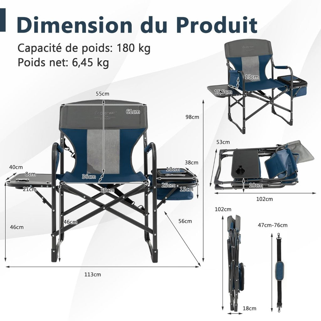 Chaise De Camping Pliante Avec Table Latérale Et Sac Isotherme Charge 180KG Sac De Rangement Sangle Portable Noir/Bleu