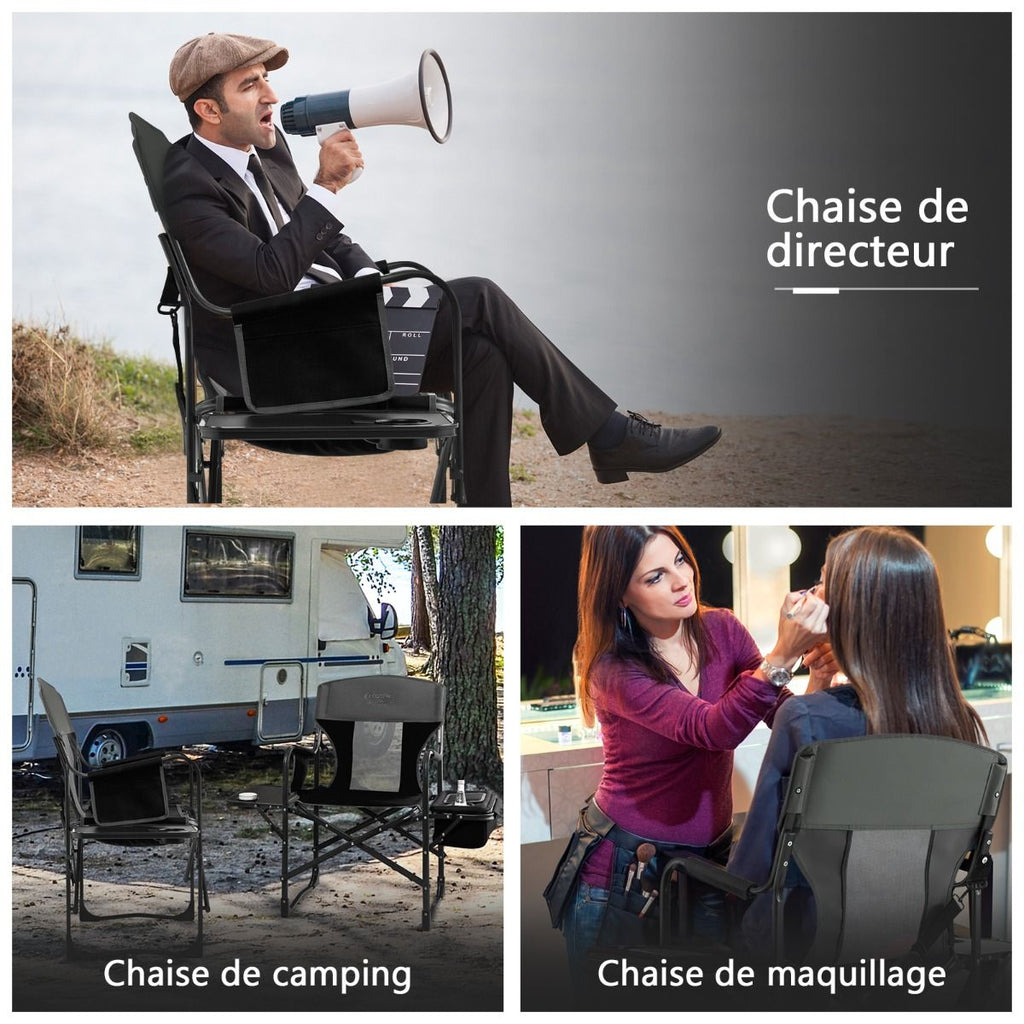 Chaise De Camping Pliante Avec Table Latérale Et Sac Isotherme Charge 180KG Sac De Rangement Sangle Portable Noir/Bleu