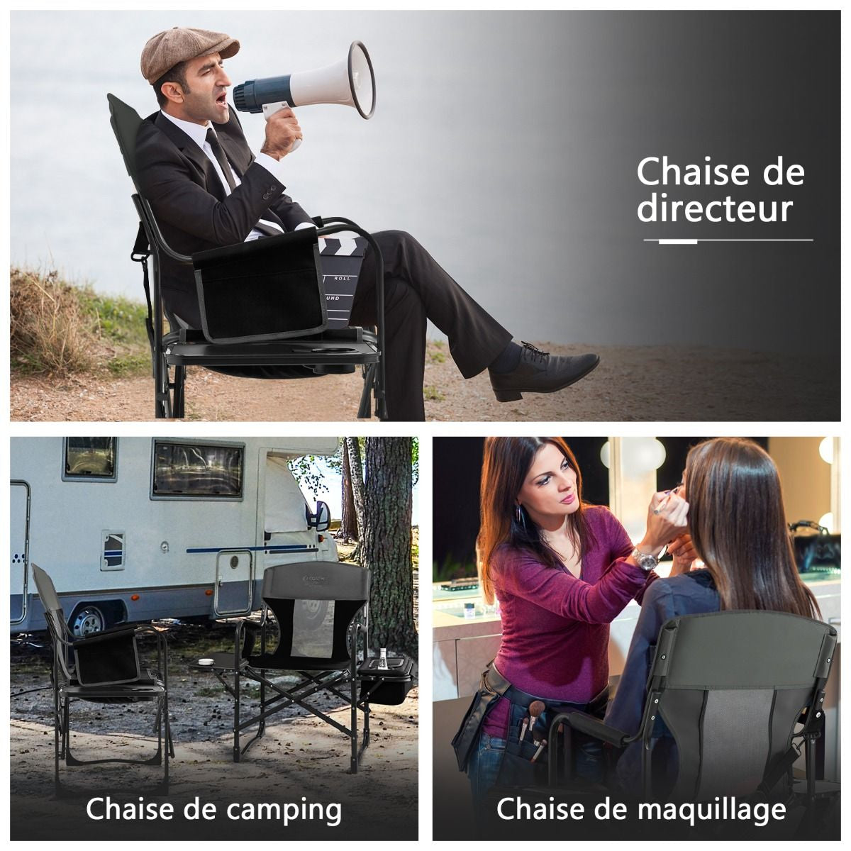 Chaise De Camping Pliante Avec Table Latérale Et Sac Isotherme Charge 180KG Sac De Rangement Sangle Portable Noir/Bleu