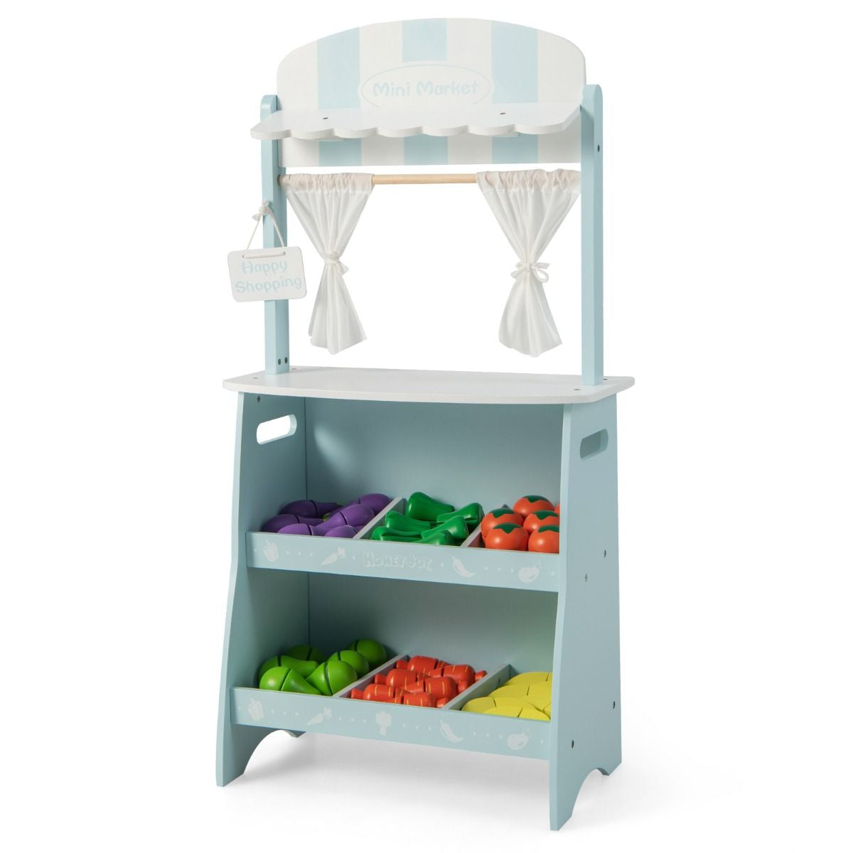 Marchande En Bois Enfant 45 X 24 X 86 CM 36 Légumes Panneau Publicitaire Rideaux Et Fruits Auvent Mignon 3 Ans+ Bleu/Rose