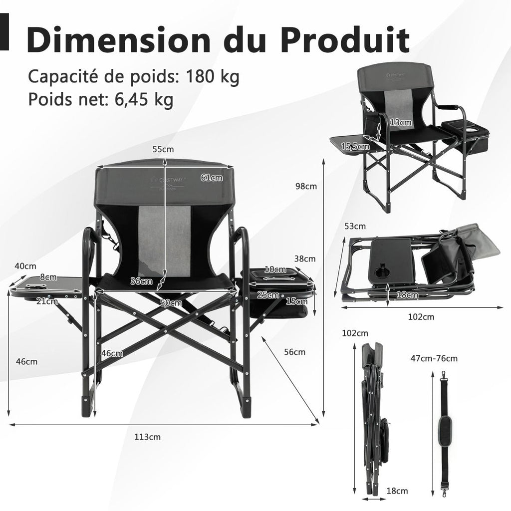 Chaise De Camping Pliante Avec Table Latérale Et Sac Isotherme Charge 180KG Sac De Rangement Sangle Portable Noir/Bleu