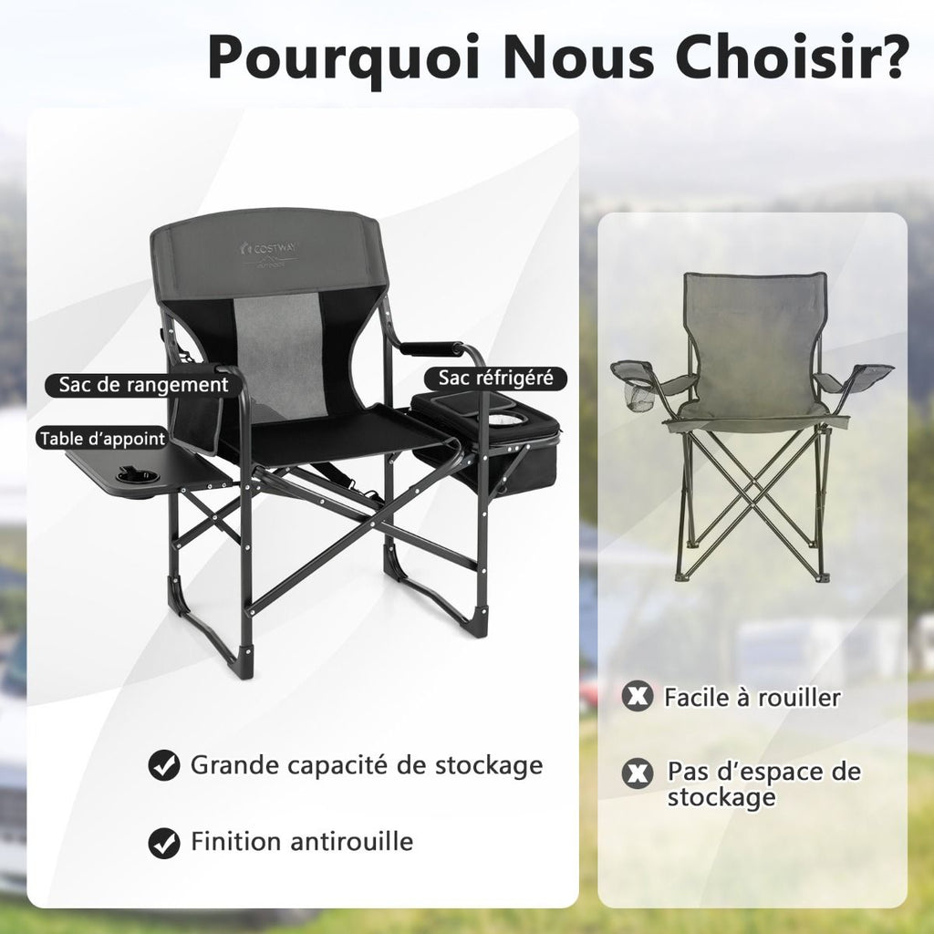 Chaise De Camping Pliante Avec Table Latérale Et Sac Isotherme Charge 180KG Sac De Rangement Sangle Portable Noir/Bleu