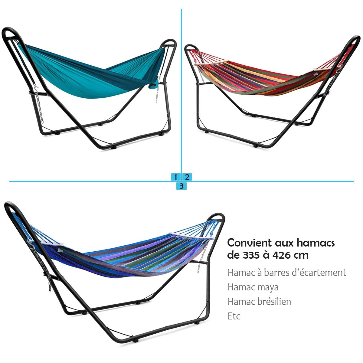 Support De Hamac Type-H Pour 2 Personnes Capacité 200 Kg (Hamac Non-Inclus) Avec Chaines En Métal 280X95X115Cm