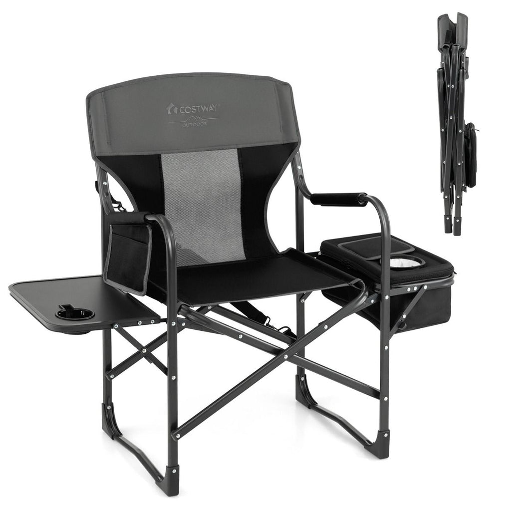 Chaise De Camping Pliante Avec Table Latérale Et Sac Isotherme Charge 180KG Sac De Rangement Sangle Portable Noir/Bleu