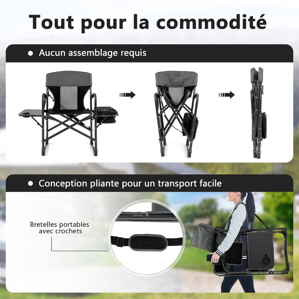 Chaise De Camping Pliante Avec Table Latérale Et Sac Isotherme Charge 180KG Sac De Rangement Sangle Portable Noir/Bleu