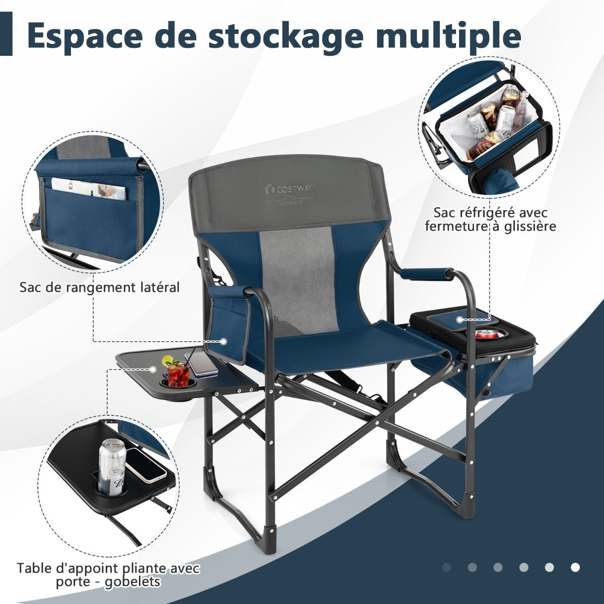 Chaise De Camping Pliante Avec Table Latérale Et Sac Isotherme Charge 180KG Sac De Rangement Sangle Portable Noir/Bleu