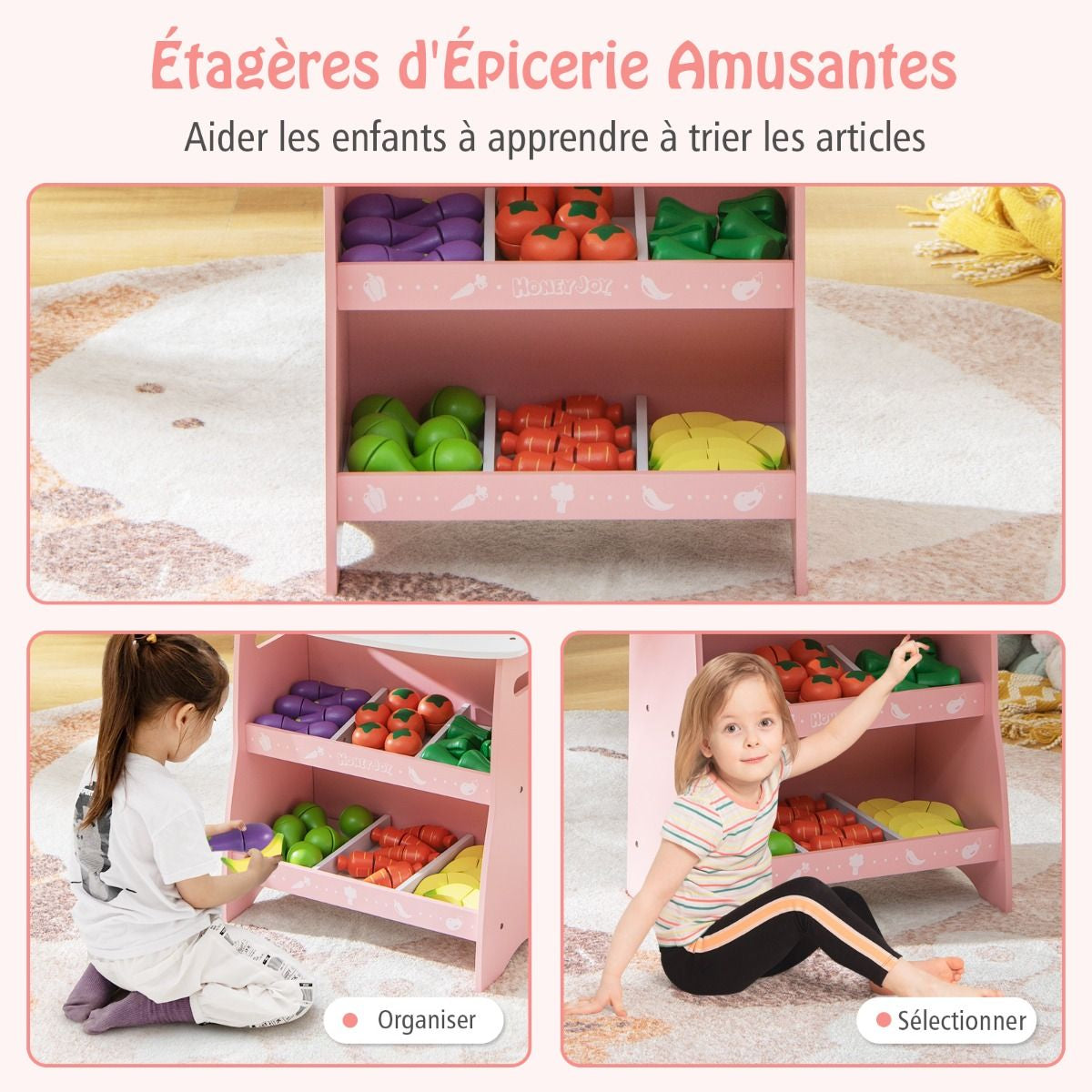 Marchande En Bois Enfant 45 X 24 X 86 CM 36 Légumes Panneau Publicitaire Rideaux Et Fruits Auvent Mignon 3 Ans+ Bleu/Rose