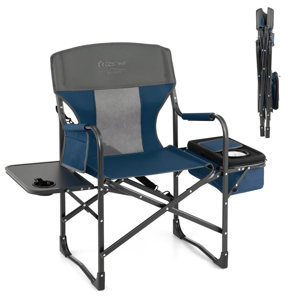Chaise De Camping Pliante Avec Table Latérale Et Sac Isotherme Charge 180KG Sac De Rangement Sangle Portable Noir/Bleu