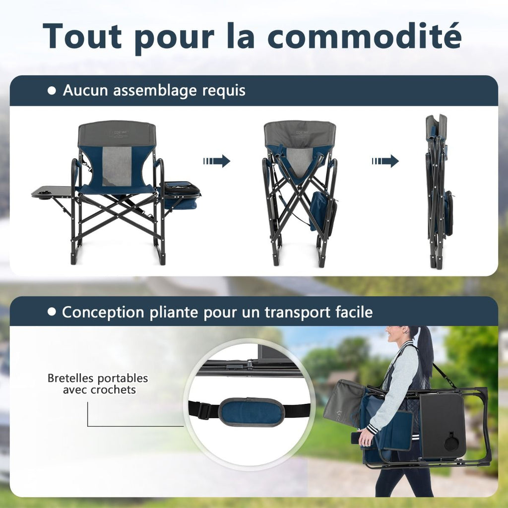 Chaise De Camping Pliante Avec Table Latérale Et Sac Isotherme Charge 180KG Sac De Rangement Sangle Portable Noir/Bleu