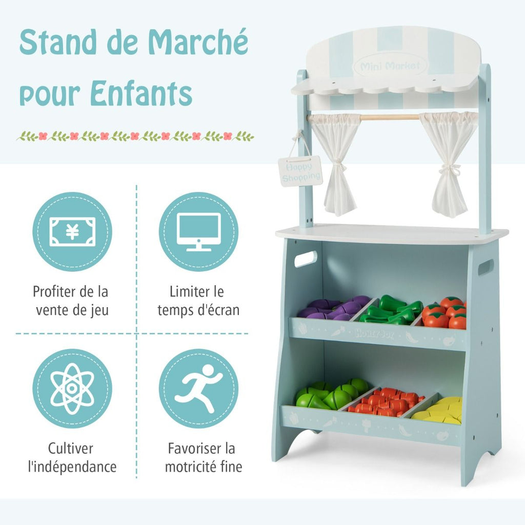 Marchande En Bois Enfant 45 X 24 X 86 CM 36 Légumes Panneau Publicitaire Rideaux Et Fruits Auvent Mignon 3 Ans+ Bleu/Rose