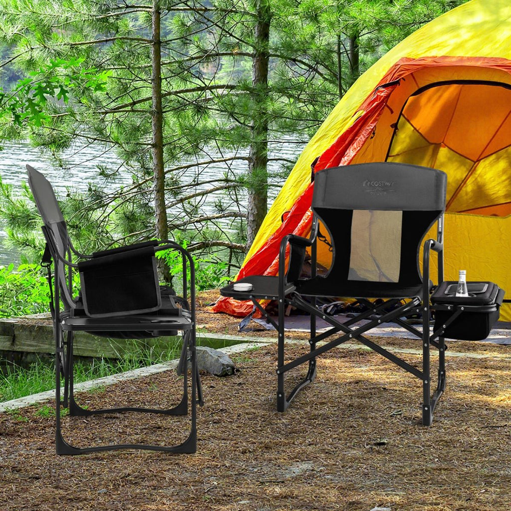 Chaise De Camping Pliante Avec Table Latérale Et Sac Isotherme Charge 180KG Sac De Rangement Sangle Portable Noir/Bleu
