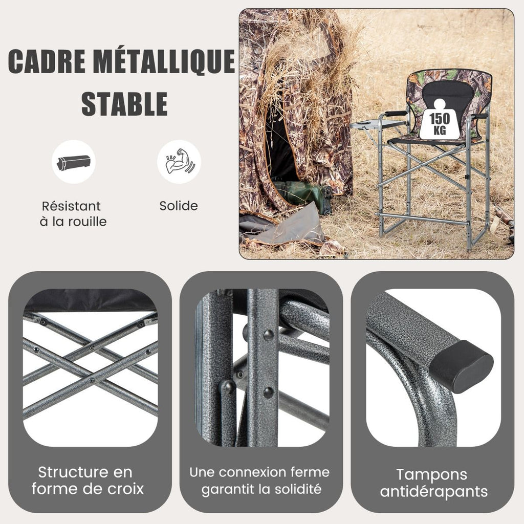 Chaise De Camping Pliante Avec Table Latérale Amovible Charge 150KG Chaise De Pêche Avec Porte-Gobelet Pour Chasse Randonnée
