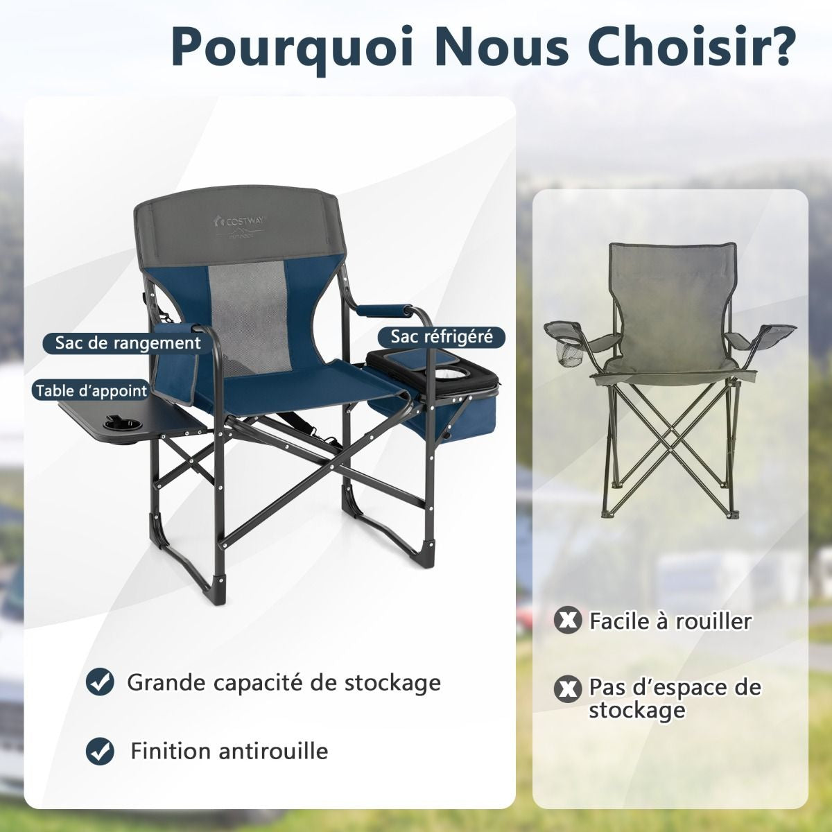 Chaise De Camping Pliante Avec Table Latérale Et Sac Isotherme Charge 180KG Sac De Rangement Sangle Portable Noir/Bleu