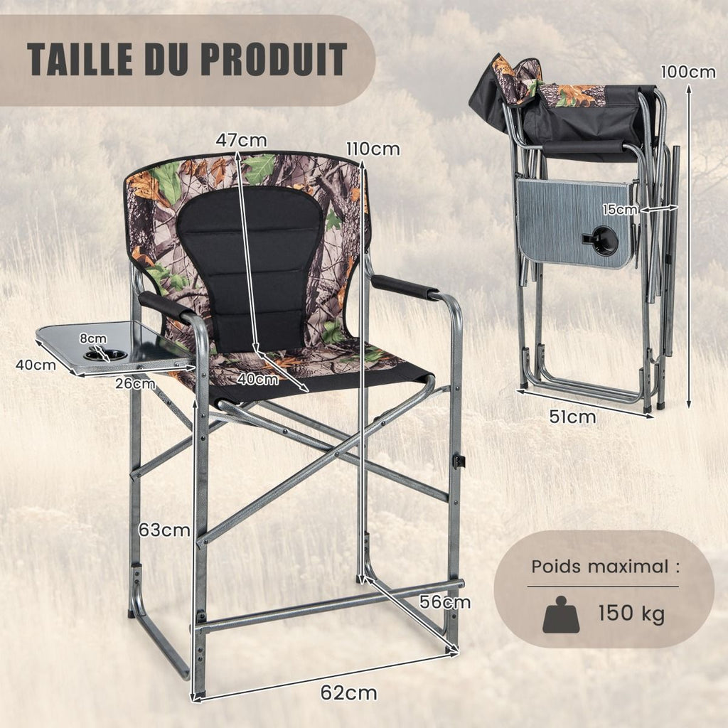 Chaise De Camping Pliante Avec Table Latérale Amovible Charge 150KG Chaise De Pêche Avec Porte-Gobelet Pour Chasse Randonnée