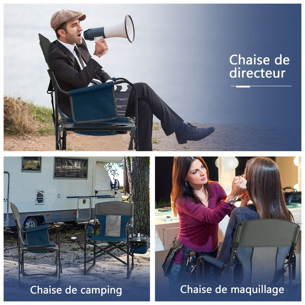 Chaise De Camping Pliante Avec Table Latérale Et Sac Isotherme Charge 180KG Sac De Rangement Sangle Portable Noir/Bleu