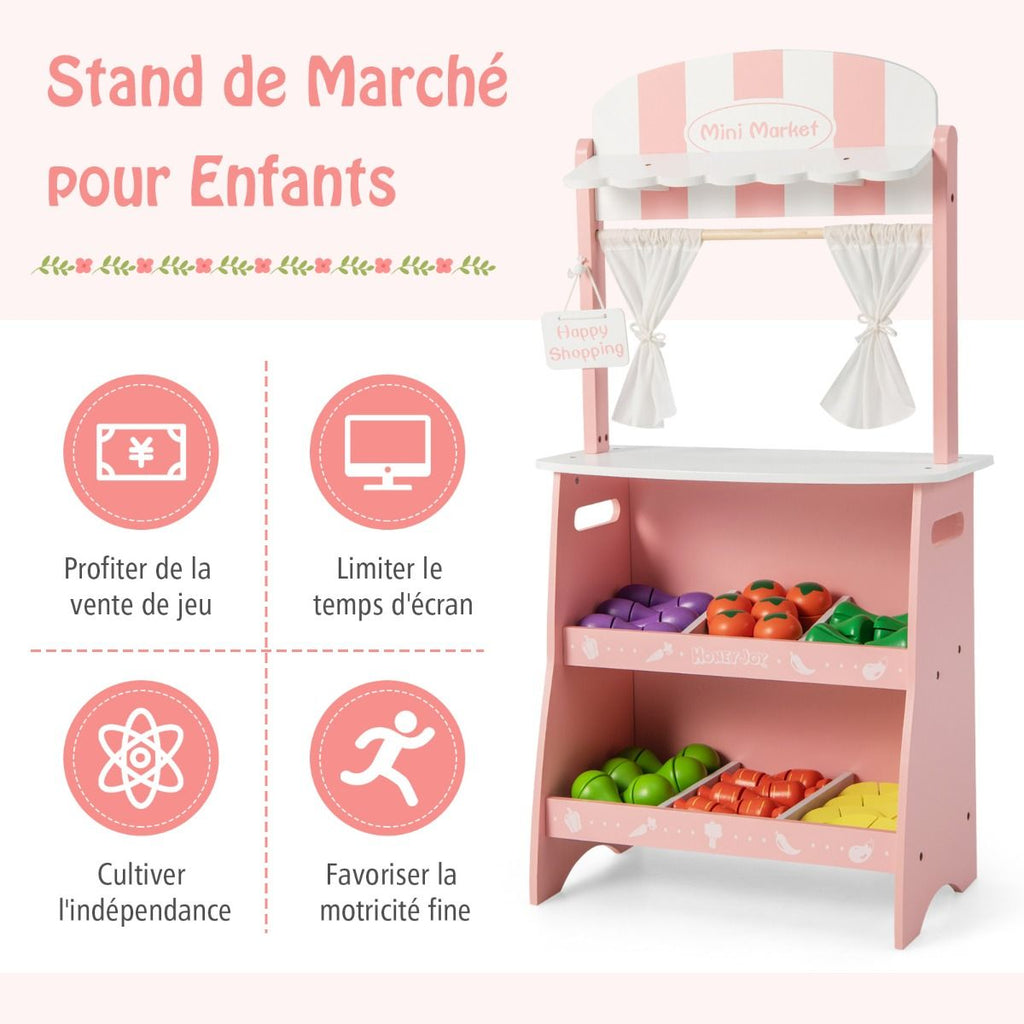 Marchande En Bois Enfant 45 X 24 X 86 CM 36 Légumes Panneau Publicitaire Rideaux Et Fruits Auvent Mignon 3 Ans+ Bleu/Rose
