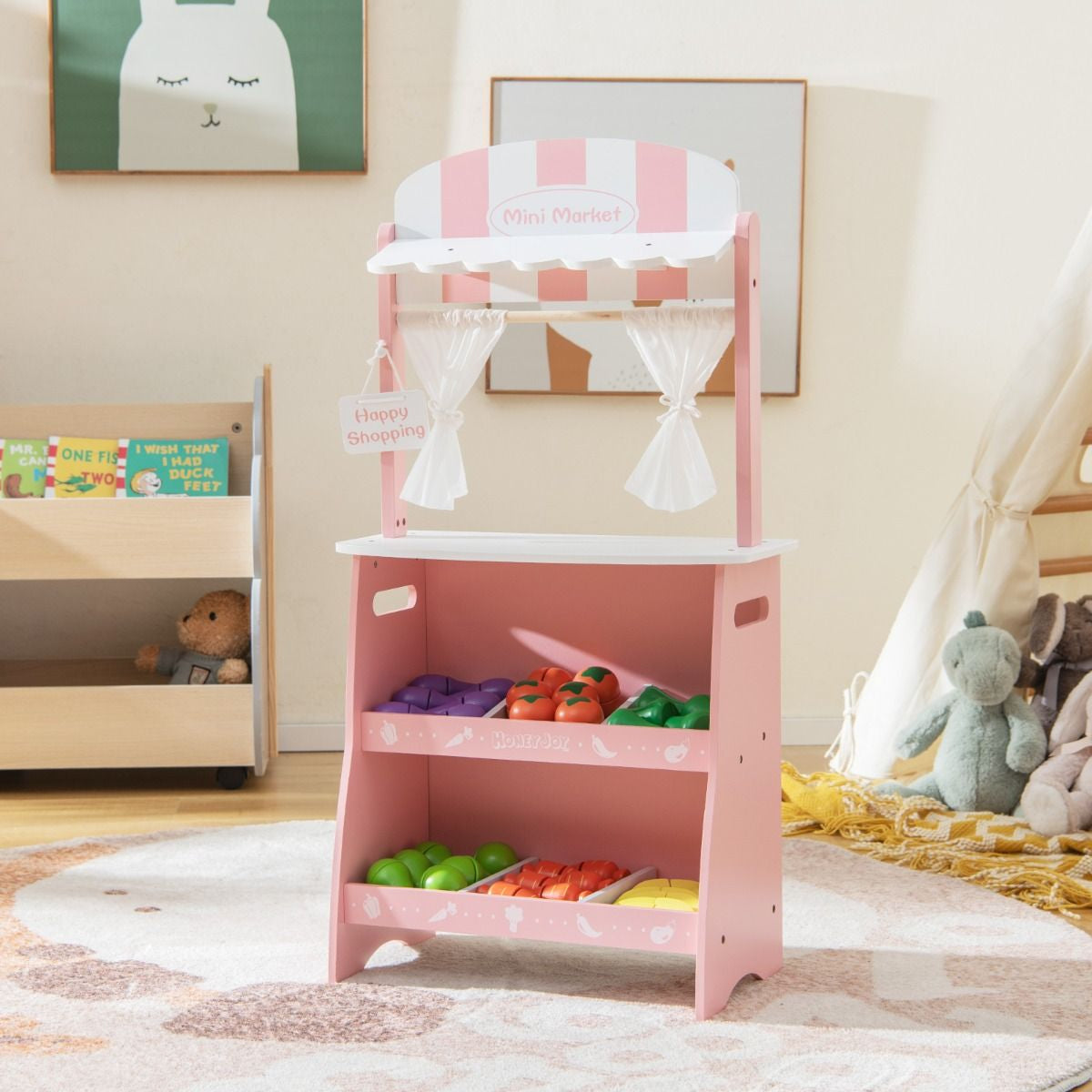 Marchande En Bois Enfant 45 X 24 X 86 CM 36 Légumes Panneau Publicitaire Rideaux Et Fruits Auvent Mignon 3 Ans+ Bleu/Rose