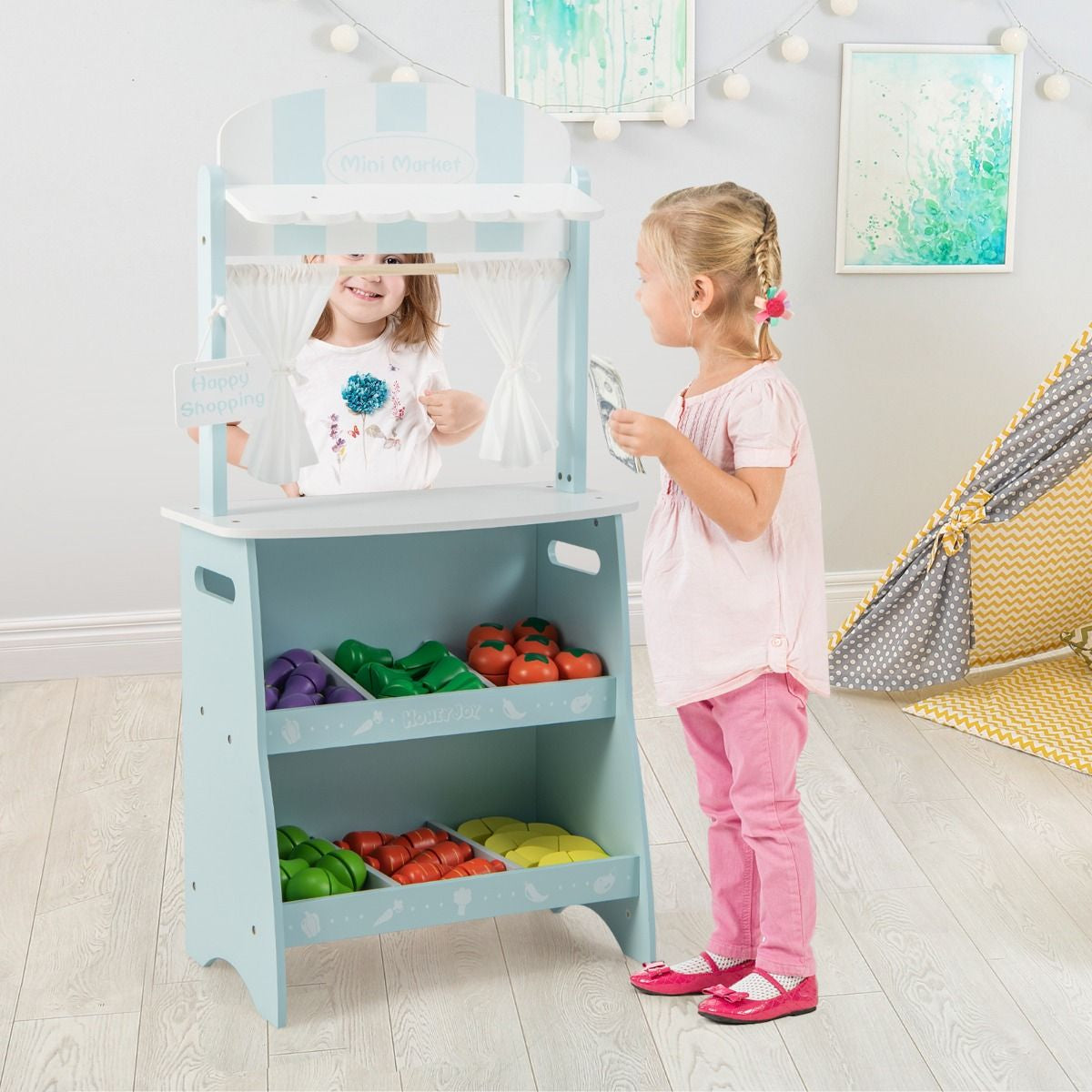 Marchande En Bois Enfant 45 X 24 X 86 CM 36 Légumes Panneau Publicitaire Rideaux Et Fruits Auvent Mignon 3 Ans+ Bleu/Rose