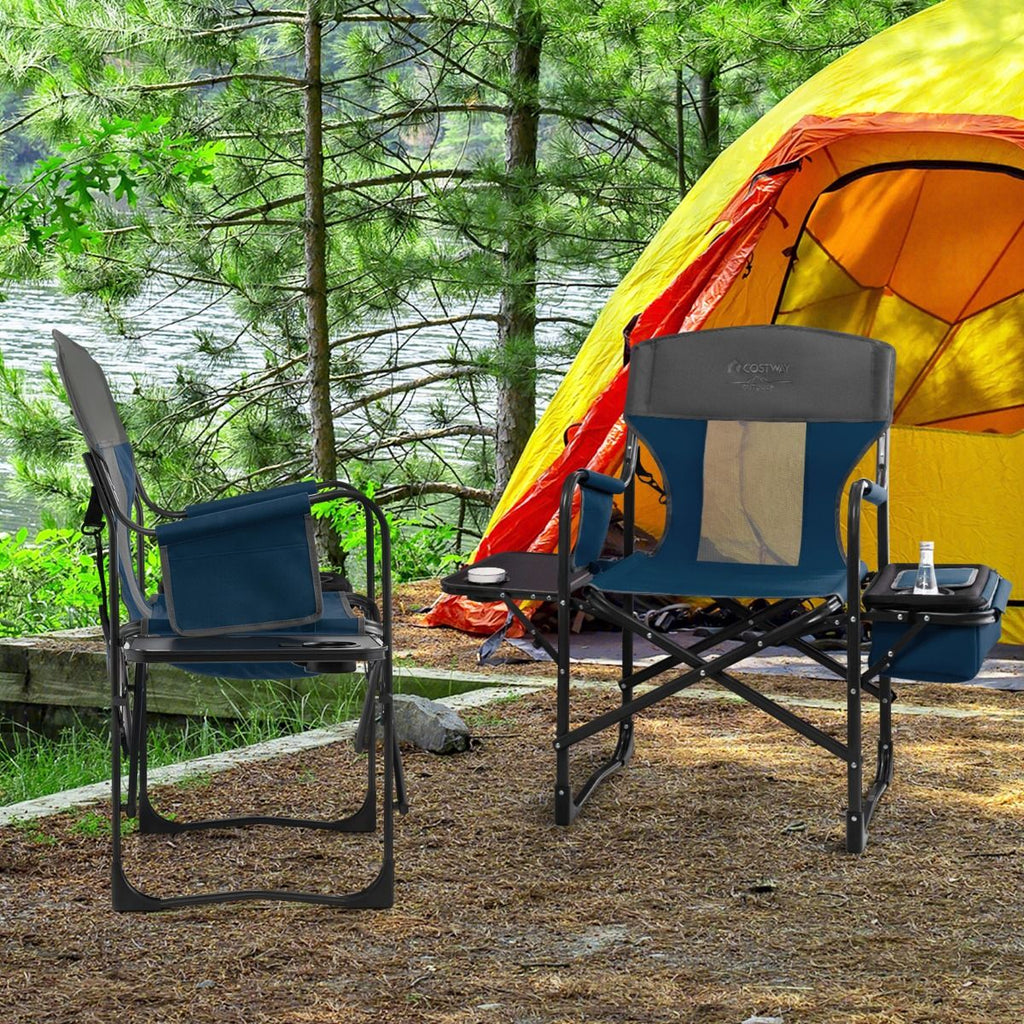 Chaise De Camping Pliante Avec Table Latérale Et Sac Isotherme Charge 180KG Sac De Rangement Sangle Portable Noir/Bleu