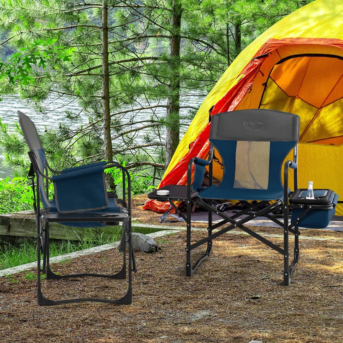 Chaise De Camping Pliante Avec Table Latérale Et Sac Isotherme Charge 180KG Sac De Rangement Sangle Portable Noir/Bleu