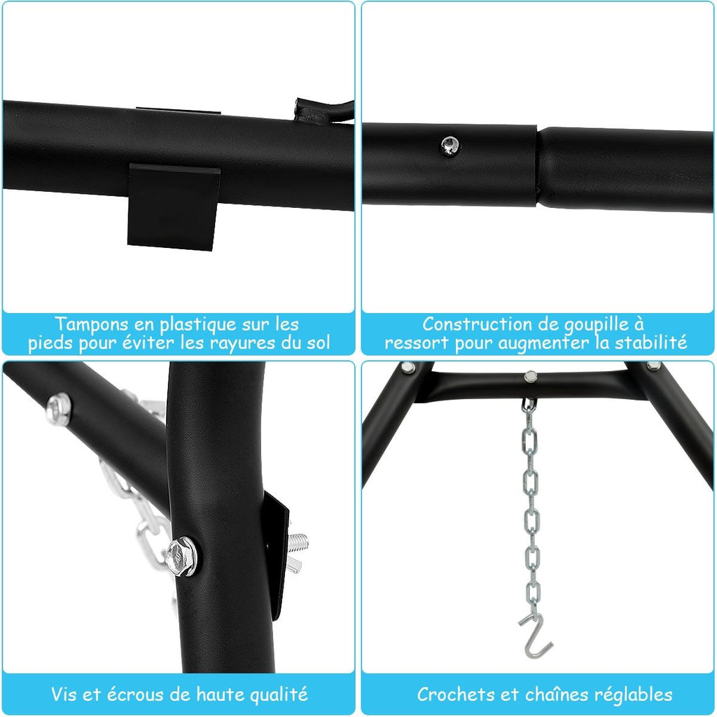 Support De Hamac Type-H Pour 2 Personnes Capacité 200 Kg (Hamac Non-Inclus) Avec Chaines En Métal 280X95X115Cm