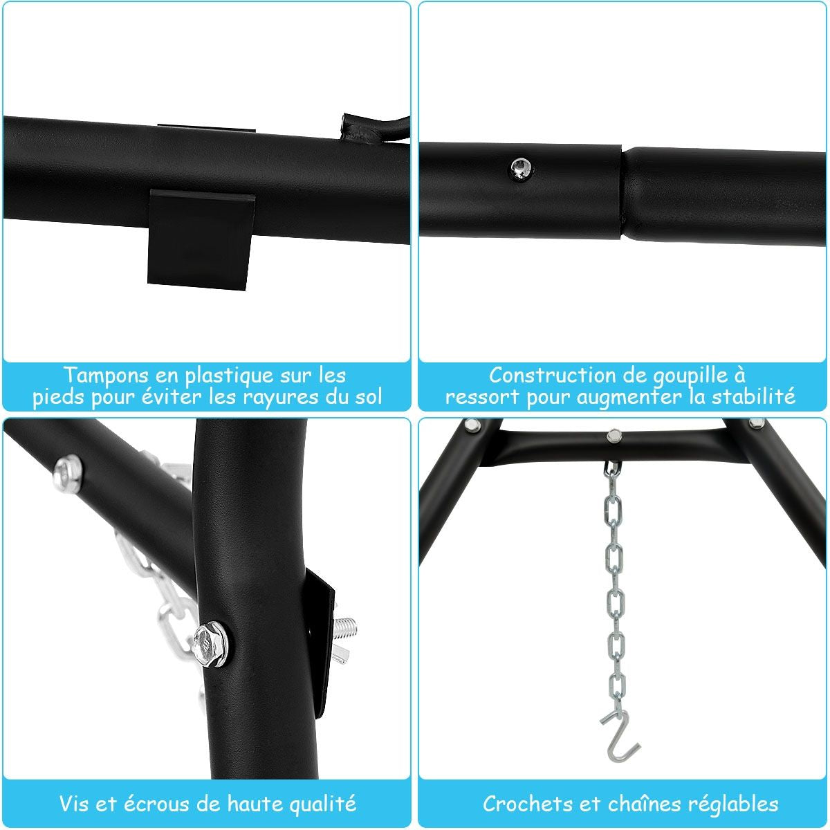 Support De Hamac Type-H Pour 2 Personnes Capacité 200 Kg (Hamac Non-Inclus) Avec Chaines En Métal 280X95X115Cm