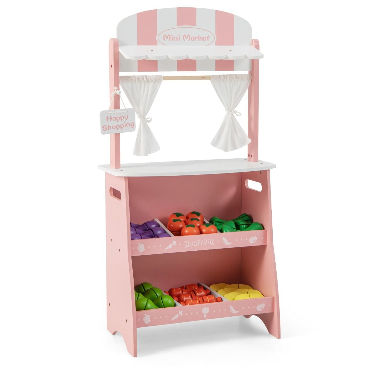 Marchande En Bois Enfant 45 X 24 X 86 CM 36 Légumes Panneau Publicitaire Rideaux Et Fruits Auvent Mignon 3 Ans+ Bleu/Rose