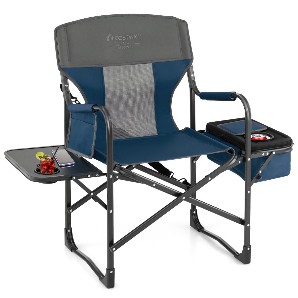 Chaise De Camping Pliante Avec Table Latérale Et Sac Isotherme Charge 180KG Sac De Rangement Sangle Portable Noir/Bleu