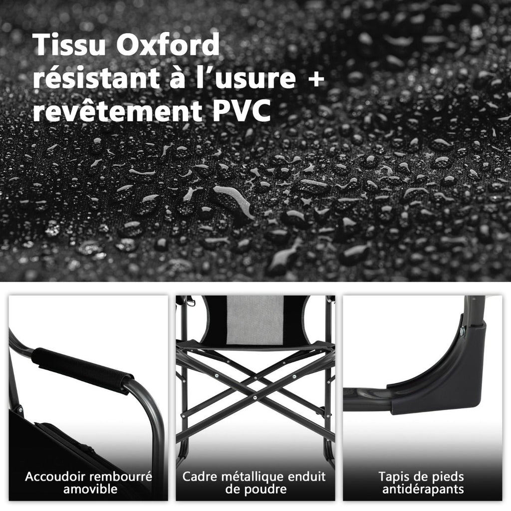 Chaise De Camping Pliante Avec Table Latérale Et Sac Isotherme Charge 180KG Sac De Rangement Sangle Portable Noir/Bleu