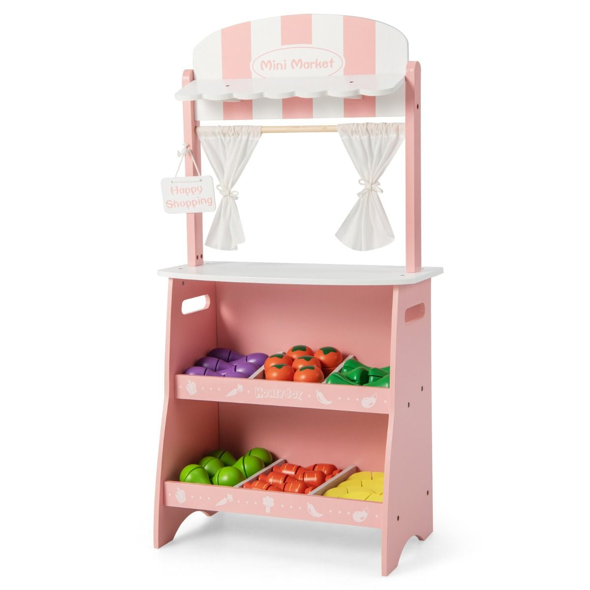 Marchande En Bois Enfant 45 X 24 X 86 CM 36 Légumes Panneau Publicitaire Rideaux Et Fruits Auvent Mignon 3 Ans+ Bleu/Rose