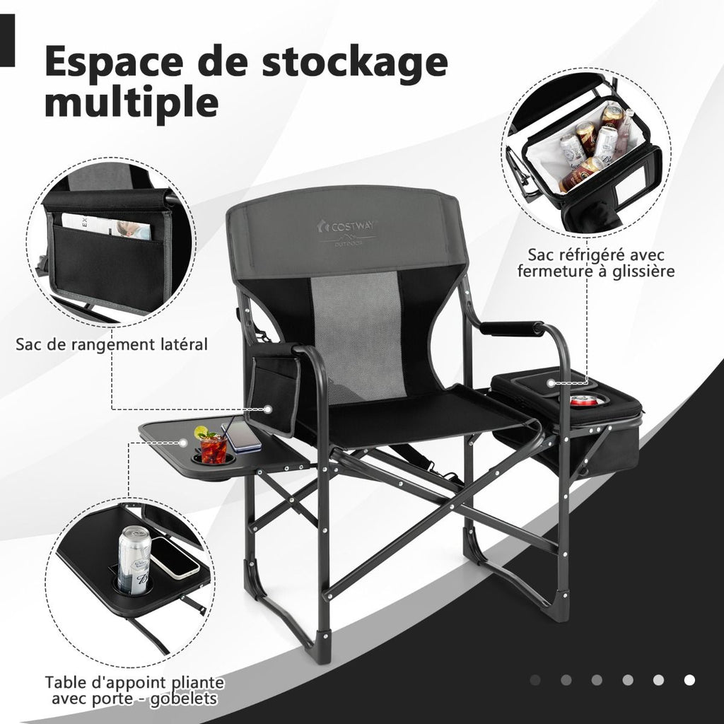 Chaise De Camping Pliante Avec Table Latérale Et Sac Isotherme Charge 180KG Sac De Rangement Sangle Portable Noir/Bleu