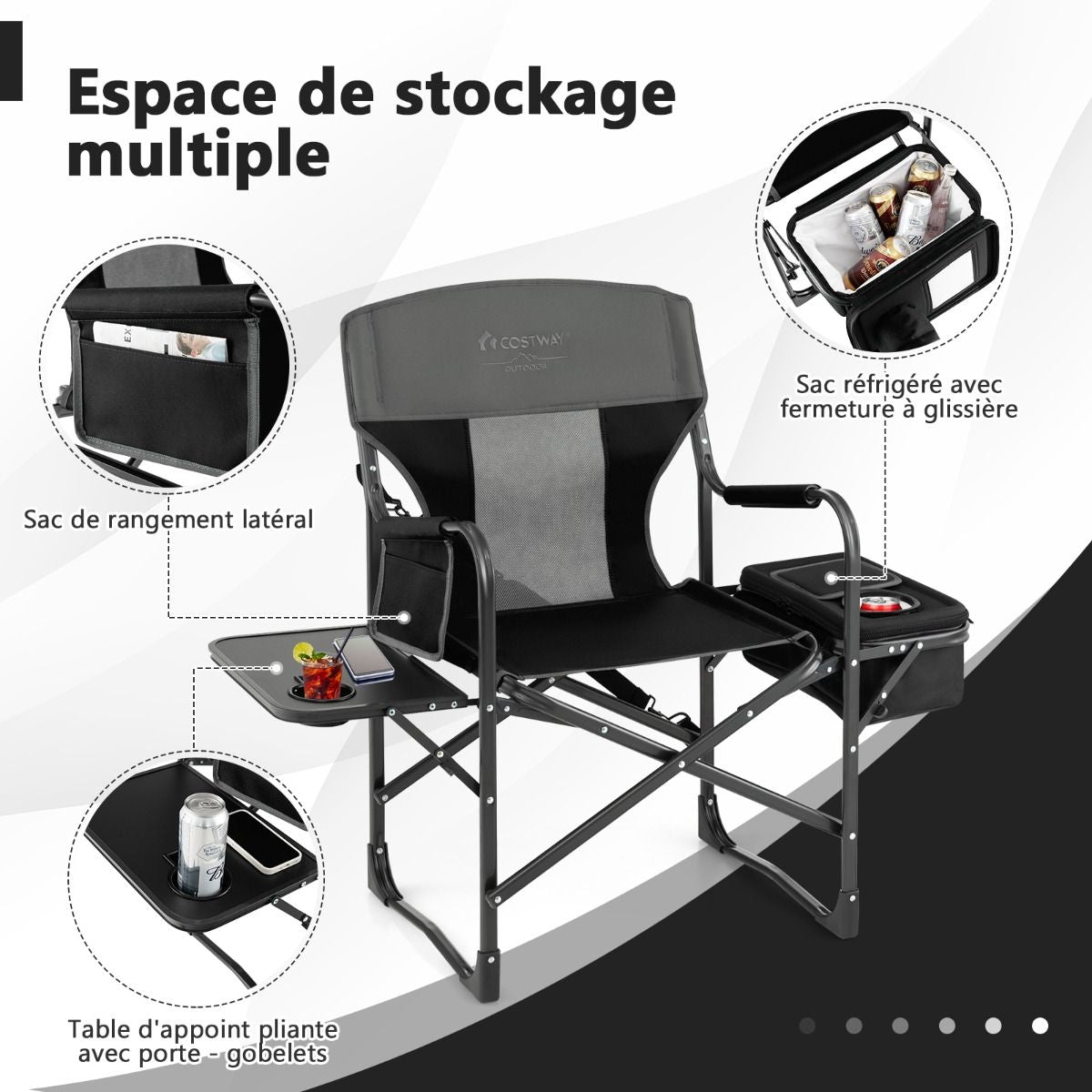 Chaise De Camping Pliante Avec Table Latérale Et Sac Isotherme Charge 180KG Sac De Rangement Sangle Portable Noir/Bleu